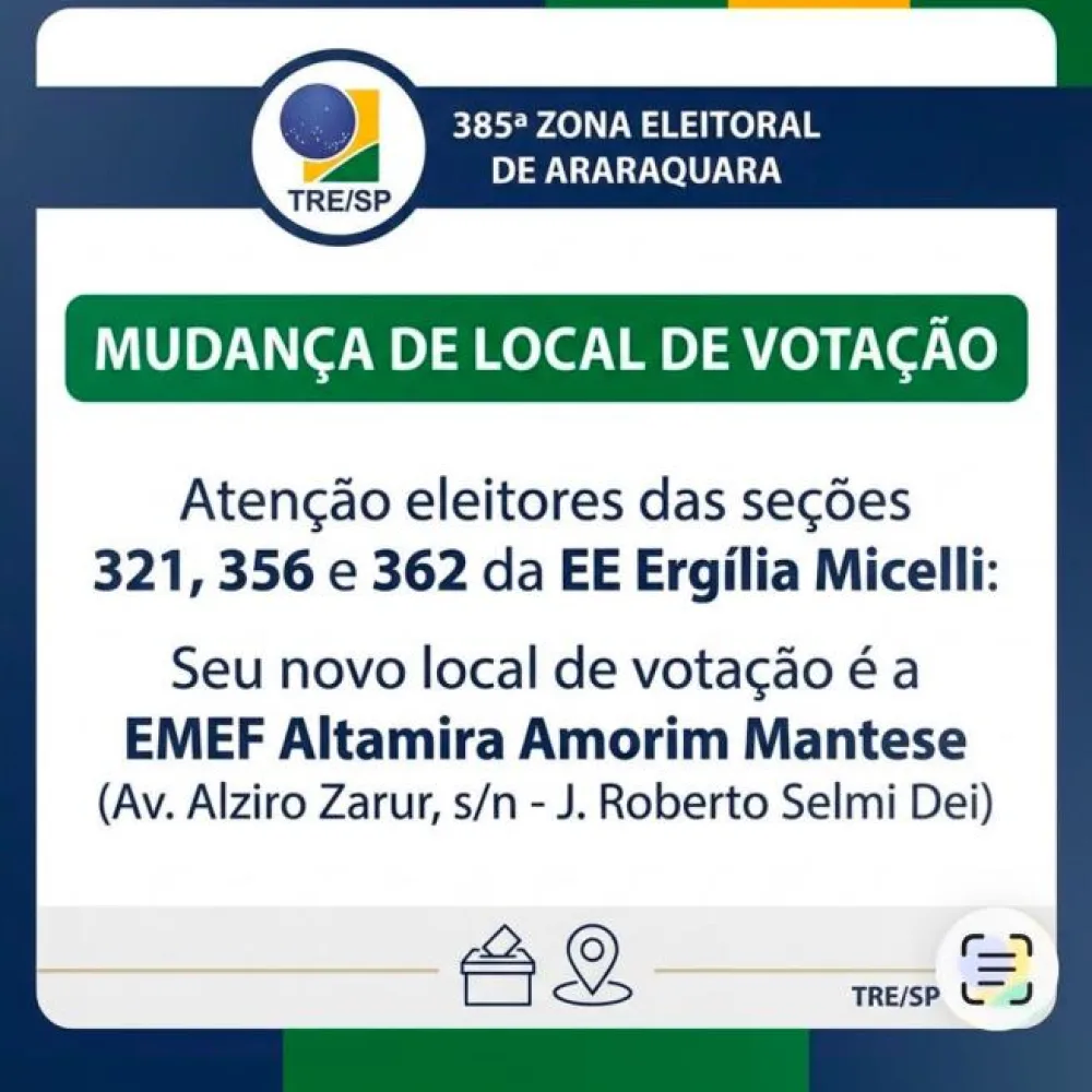 Eleitores da 385ª Zona Eleitoral devem conferir mudanças nos locais de votação